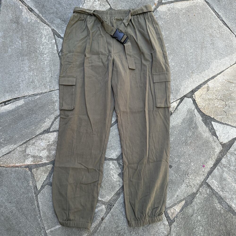 PrettyLittleThing Cargo Joggers Womens 12 Olive Utility High Rise Pants Buckle